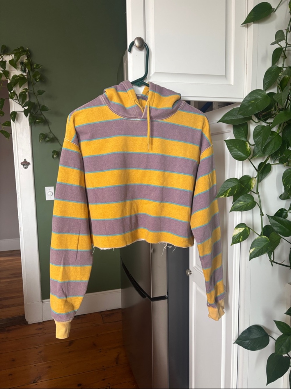 Urban Outfitters Yellow and Lavender Striped Cropped Hoodie